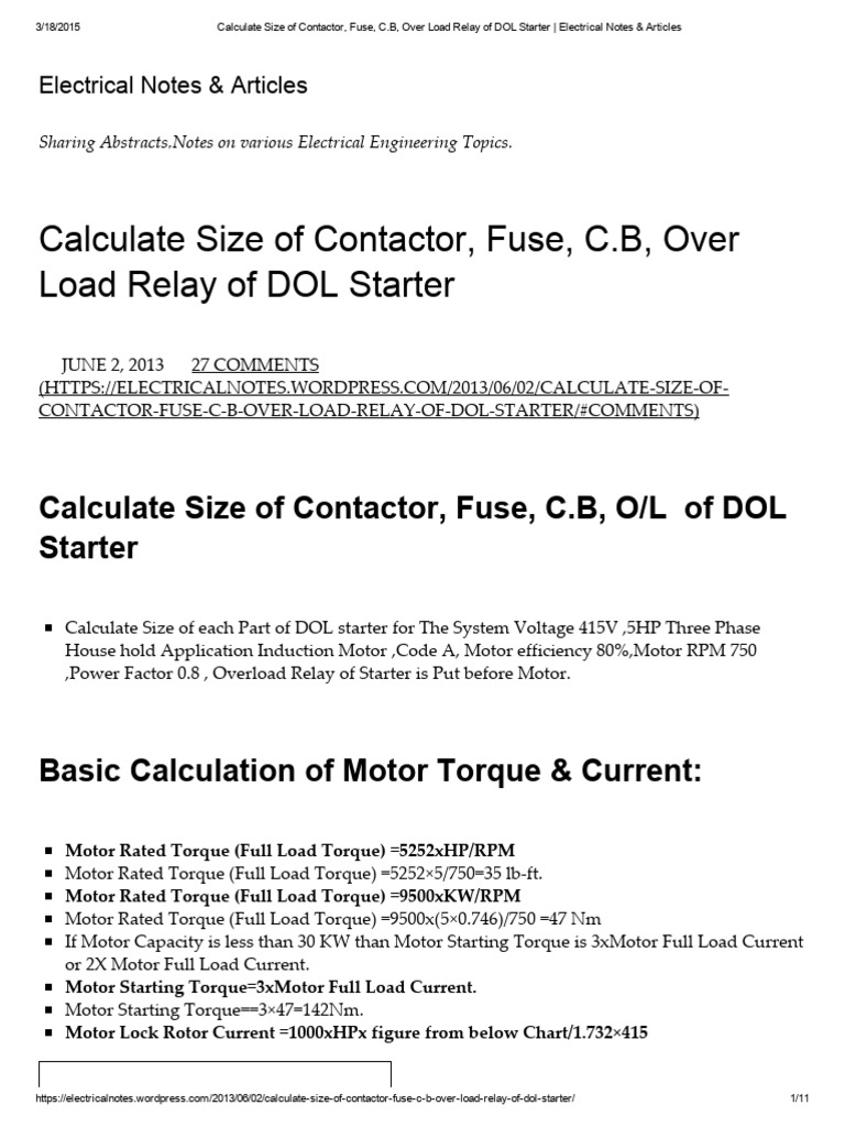 DOL Starter Contactor and Fuse Sizing Guide | PDF | Electric Motor | Relay