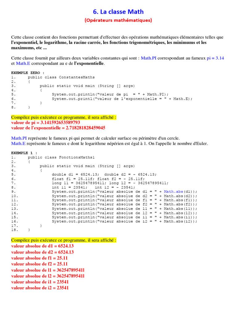 Fonctions Math en Java : Valeurs et Trigonométrie | PDF | Fonction ...