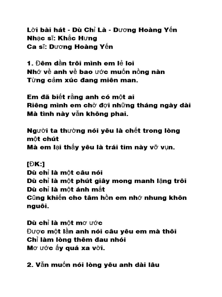 Lời Bài Hát - Dù Chỉ Là - Dương Hoàng Yến | PDF
