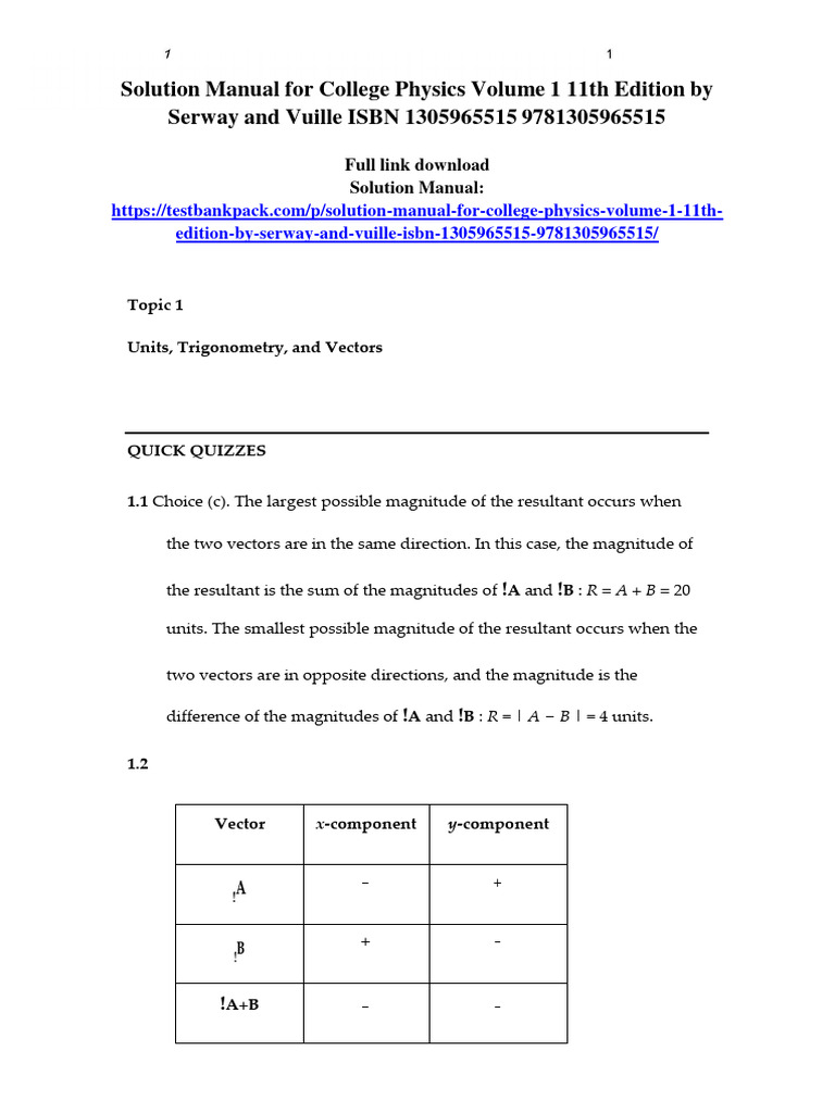 College Physics Volume 1 Solutions Manual | PDF
