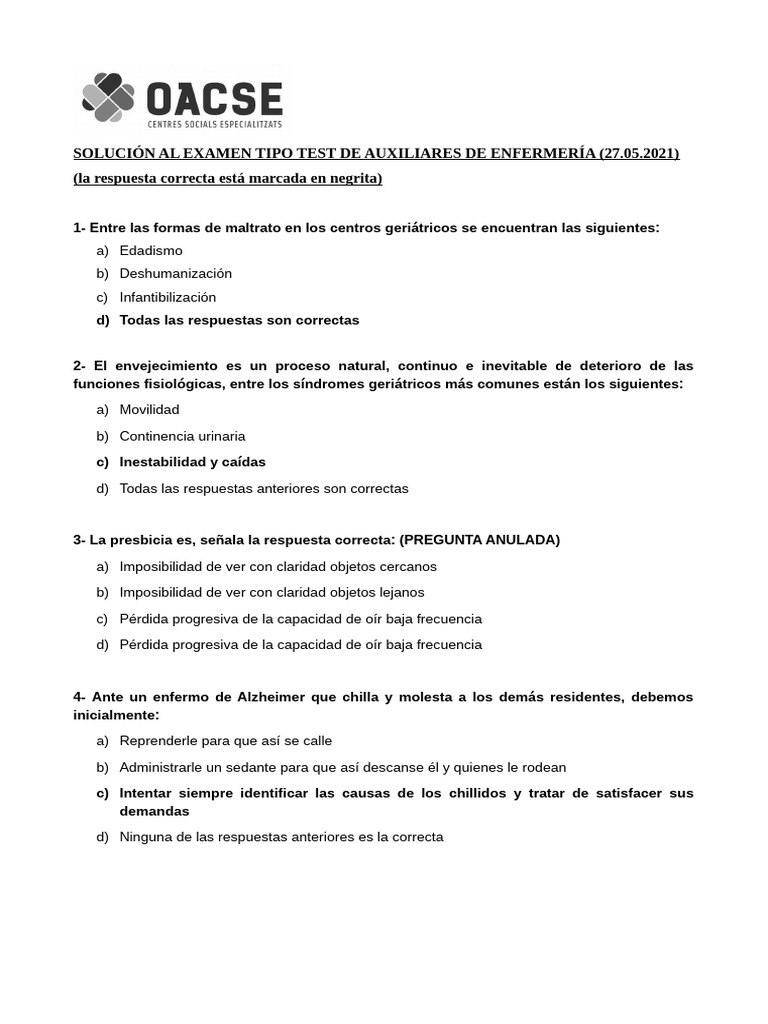 Examen 27052021 (Aux Enfermeria) Con Respuestas | PDF | Demencia ...