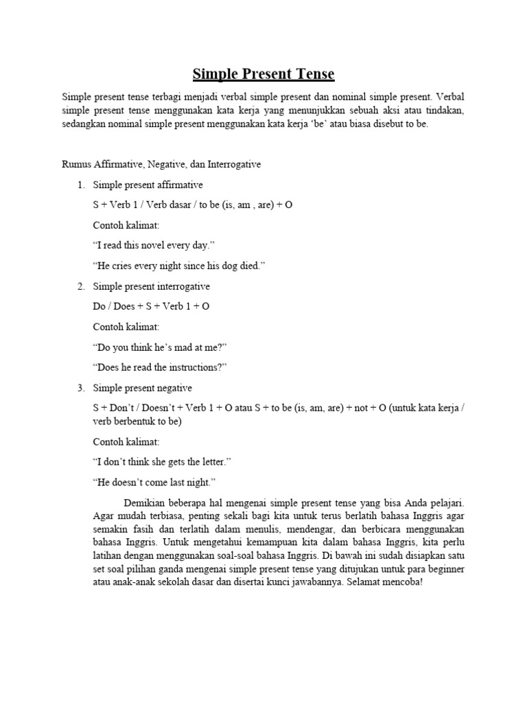 Latihan Simple Present Tense untuk SD | PDF | Seni & Disiplin Bahasa ...