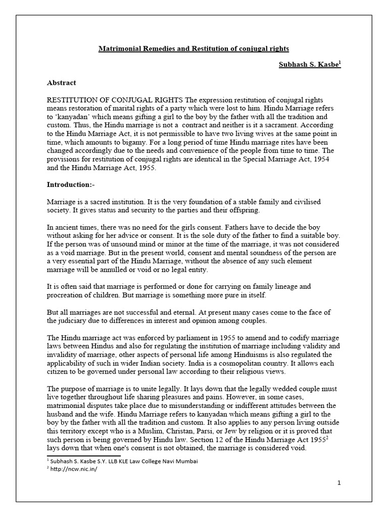 Matrimonial Remedies and Restitution of Conjugal Rights | PDF ...