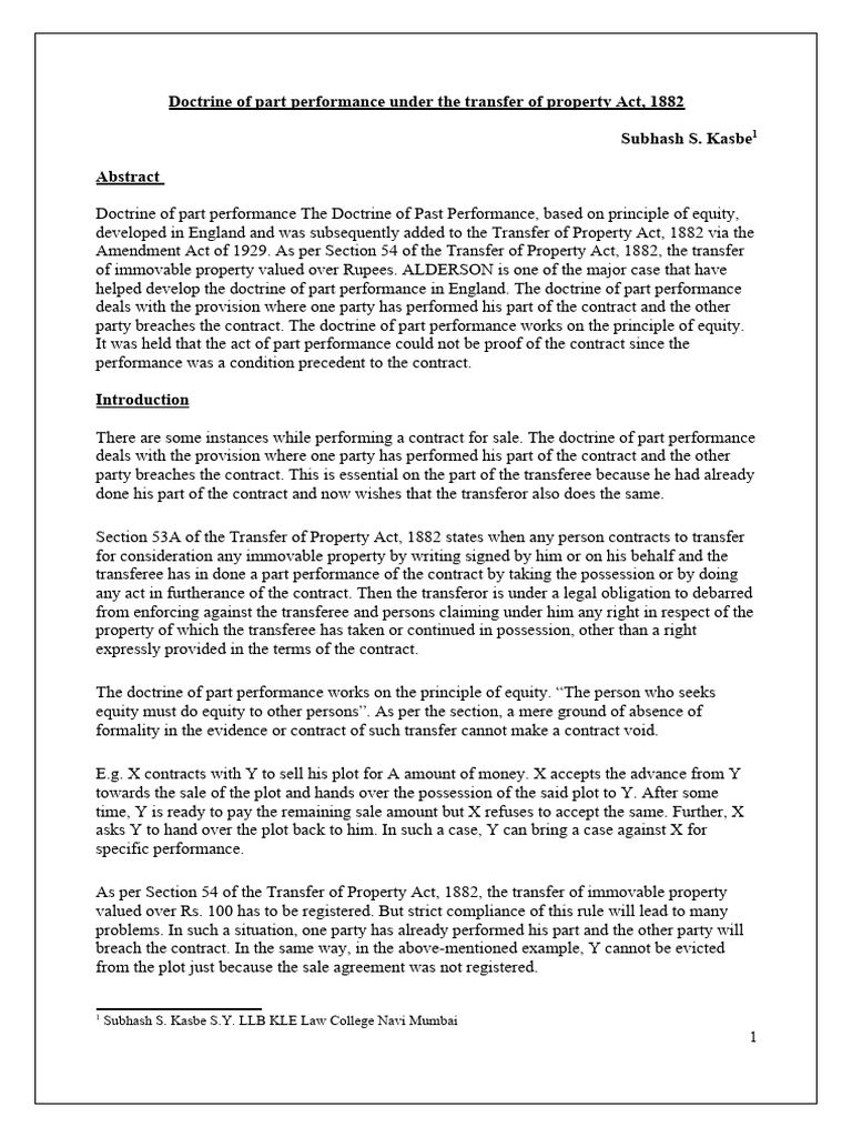 Doctrine of Part Performance in TPA | PDF | Mortgage Law | Consideration