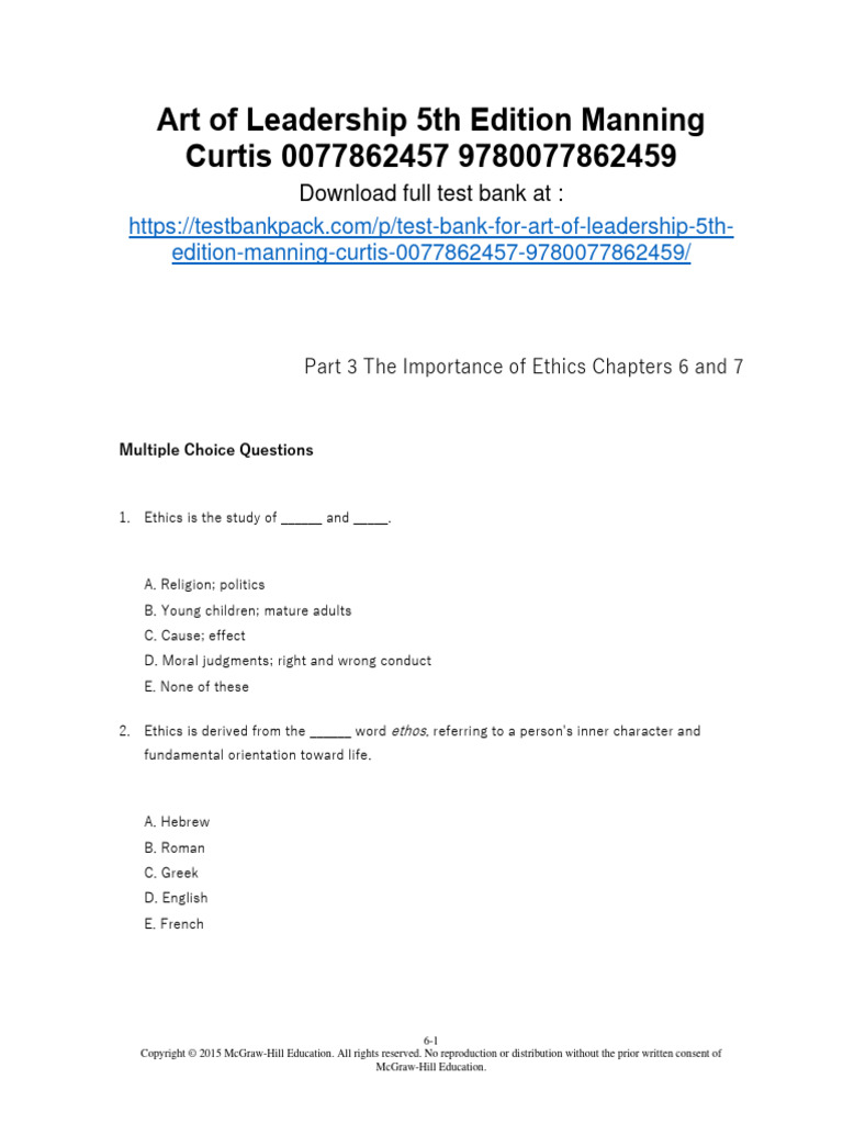 Art of Leadership 5th Edition Manning Test Bank 1 | PDF | Reason