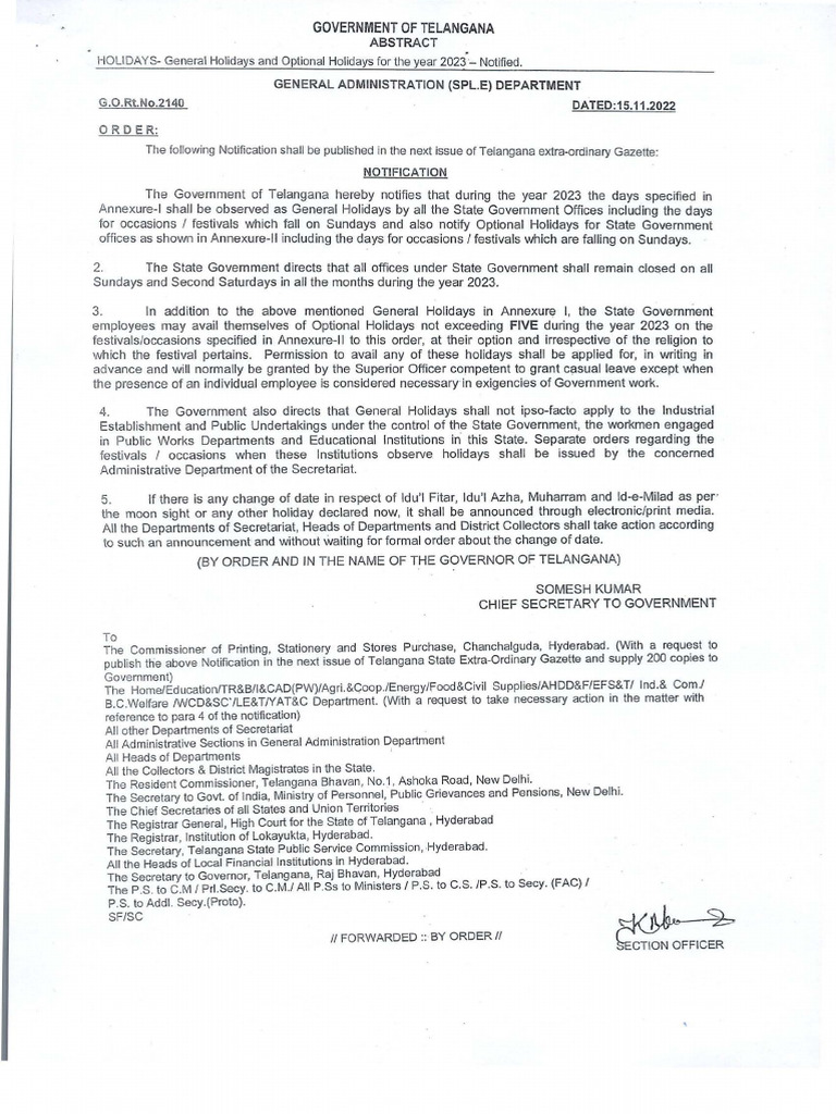 Telangana Govt Holidays List 2023 PDF