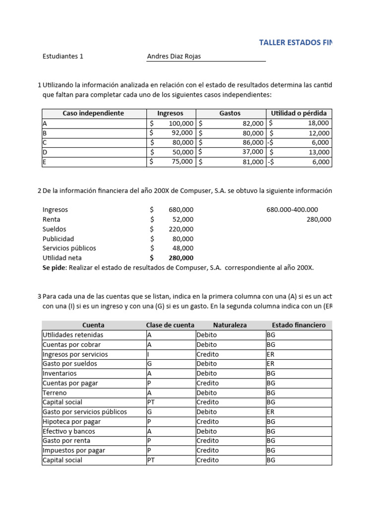 Ejercicios de Contabilidad y Estados Financieros | PDF | Contabilidad ...