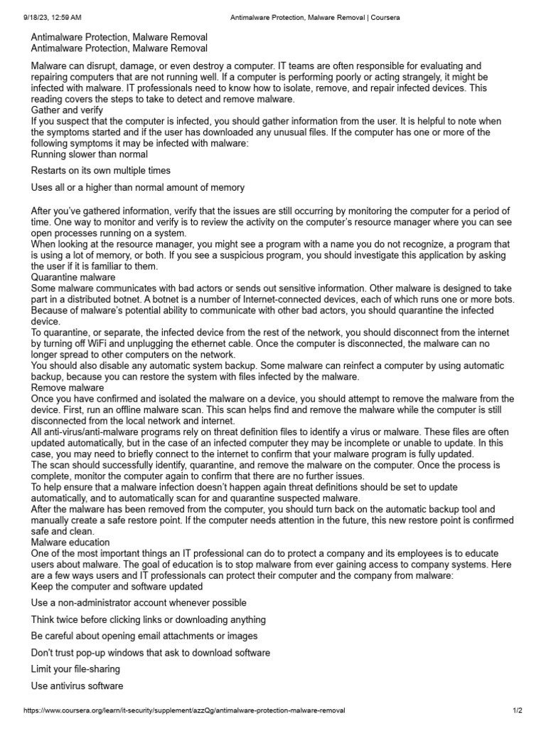 Antimalware Protection Malware Removal Coursera Pdf Malware