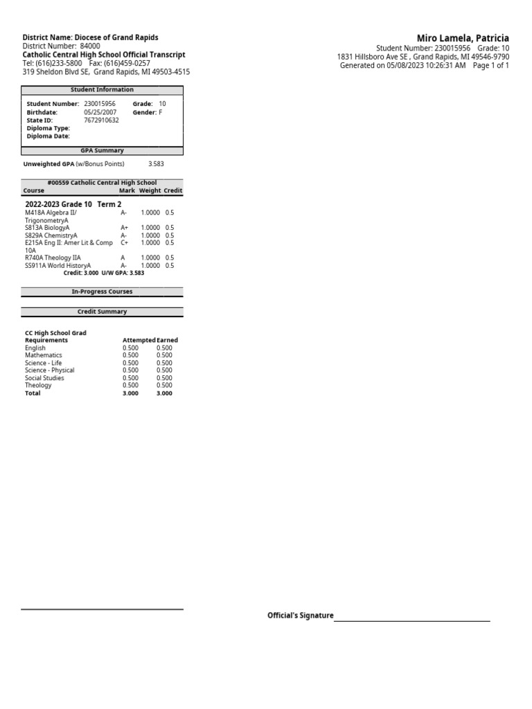 Catholic Central High School Transcript | PDF