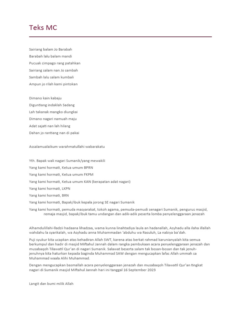 Teks MC Pembukaan Acara Jenazah | PDF