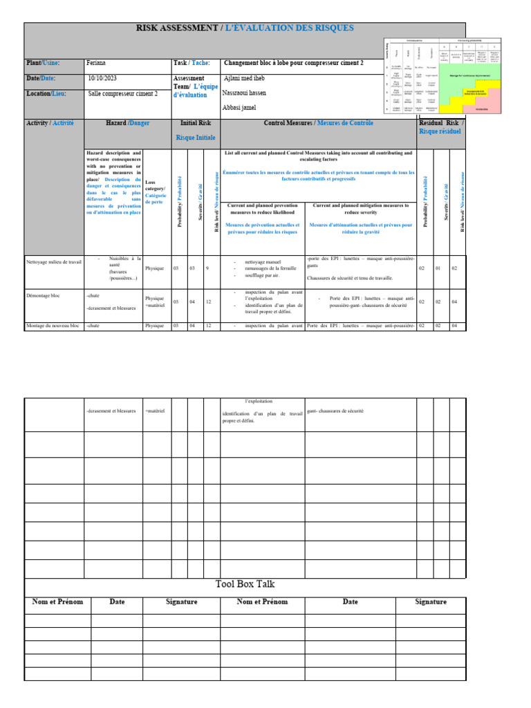 Evaluation Demontage Compresseur BK2 | PDF | Sécurité | Risque