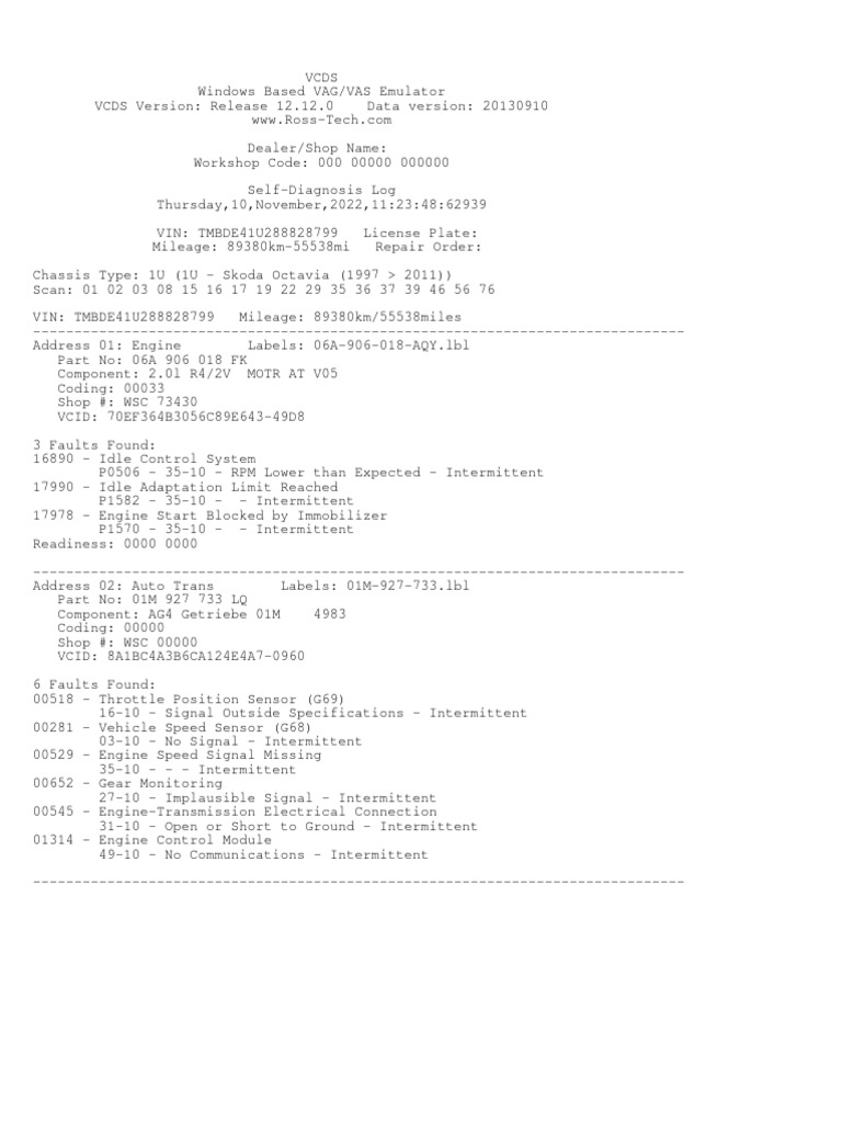VCDS Auto-Scan Printout Ale | PDF