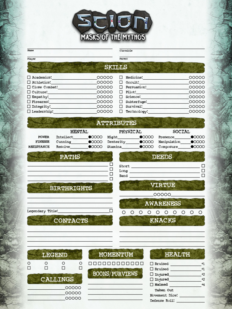 Scion Masks of Mythos Hero Sheet | PDF