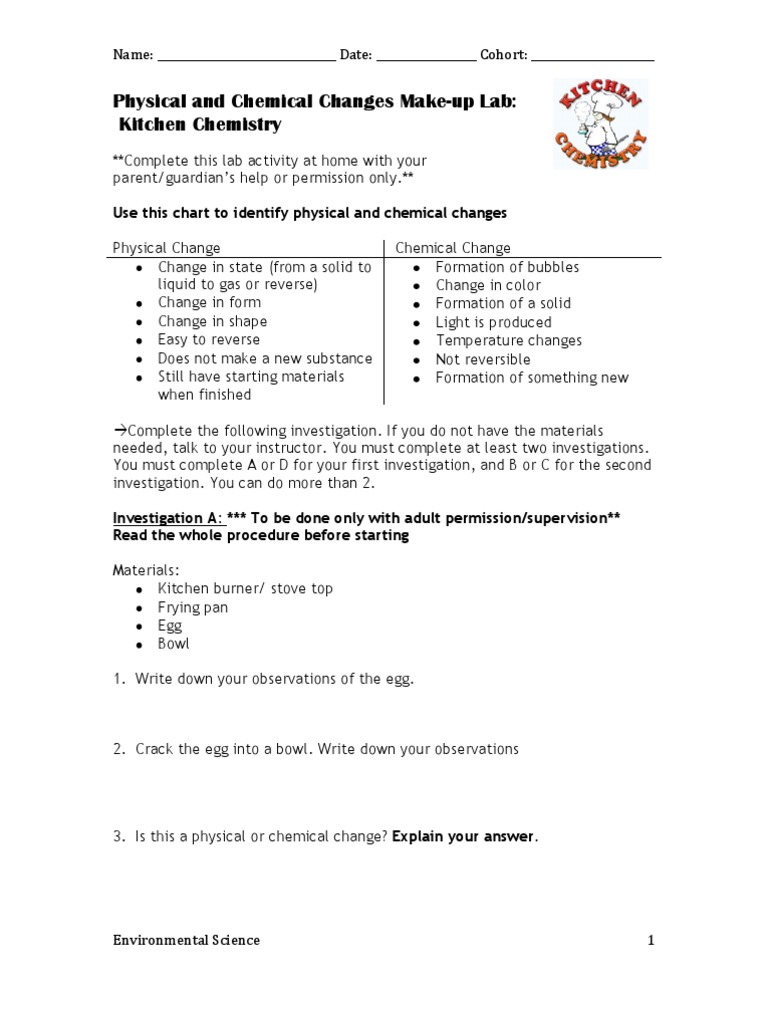Physical and Chemical Changes Makeup Lab PDF Kitchen Stove Kitchen