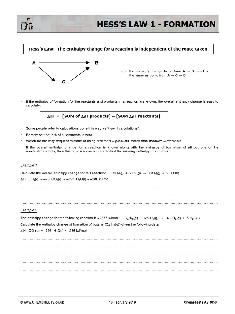 Chemsheets As 1050 Hesss Law 1 Formation PDF Physical Quantities