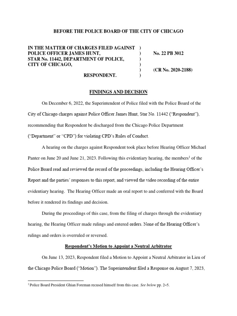 Chicago Police Board Decision on Officer Hunt | PDF | Burden Of Proof ...
