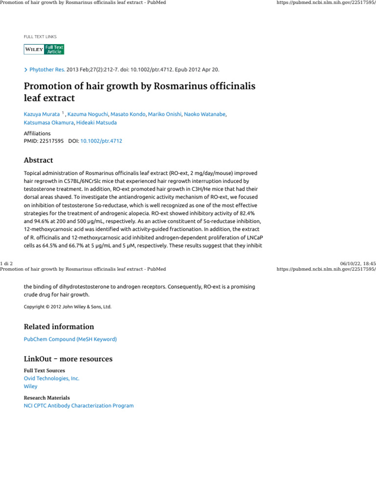 Promotion of Hair Growth by Rosmarinus Officinalis Leaf Extract