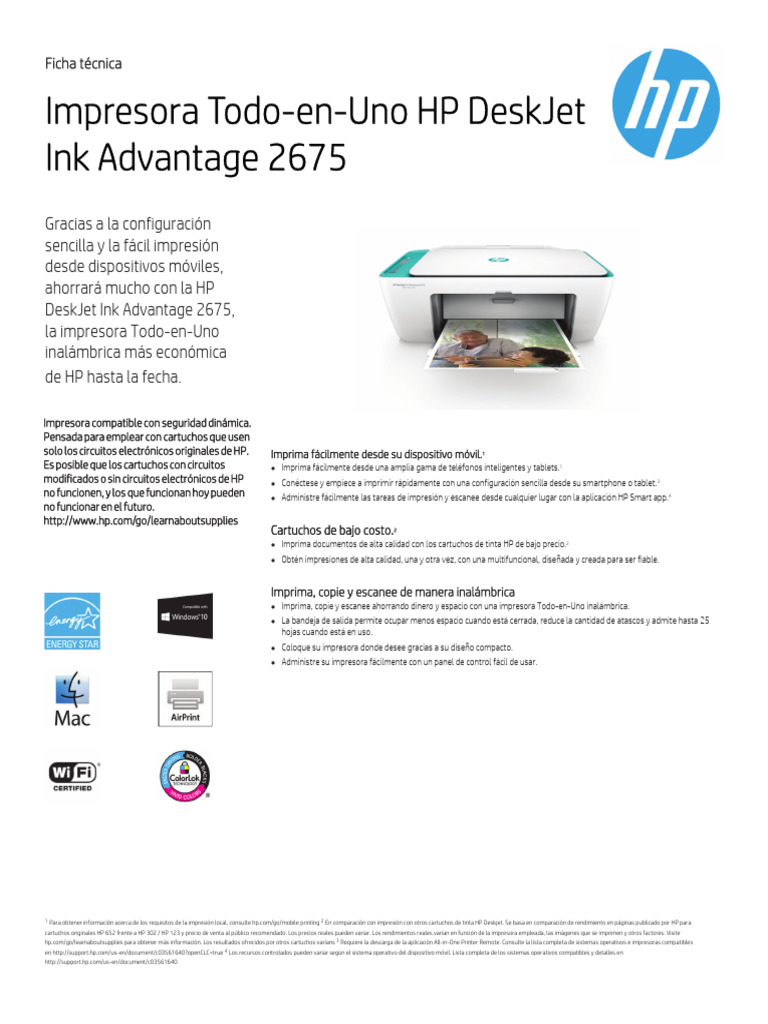 HP DeskJet Ink Advantage 2675: Multifuncional Wi-Fi | PDF | Impresora ...