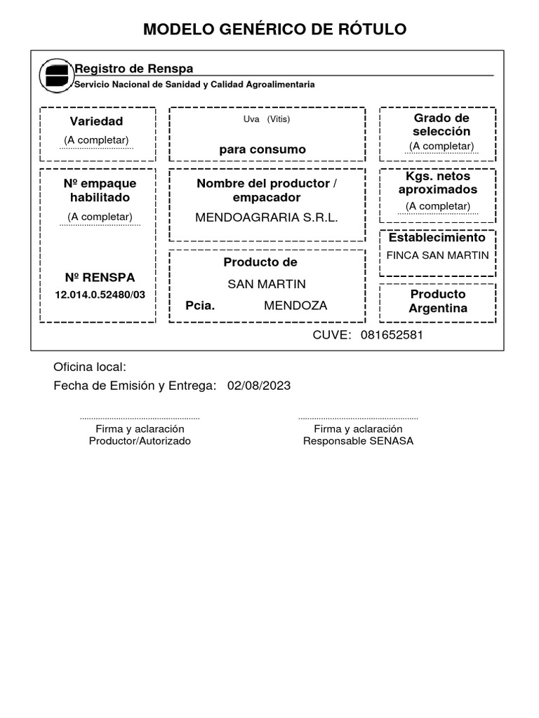 Registro y Modelo de Rótulo RENSPA | PDF | Uva | Vino