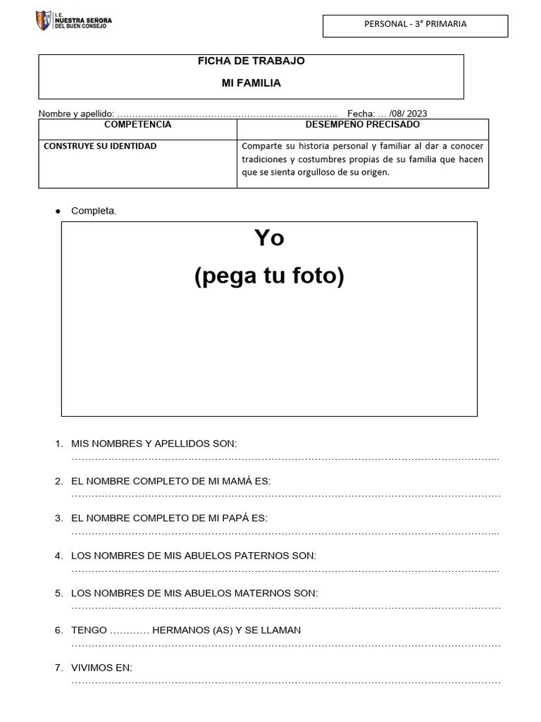 Ficha de Trabajo Personal Social Mi Familia | PDF