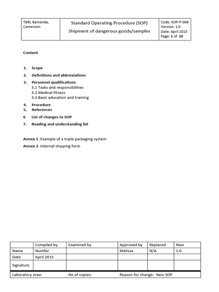 Shipment of Dangerous GoodsSamples SOP PDF Dangerous Goods