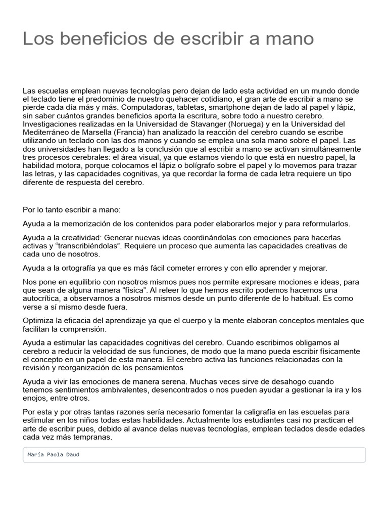 Los Beneficios de Escribir A Mano | PDF | Aprendizaje | Mente