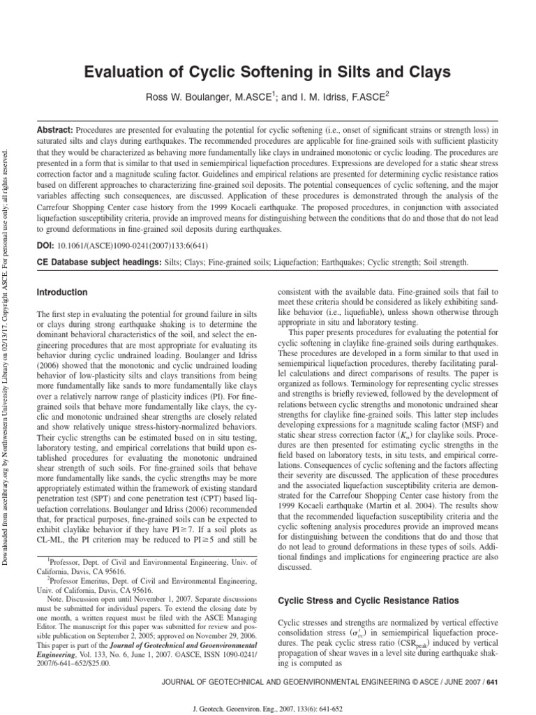 Evaluation of Cyclic Softening in Silts and Clays | PDF