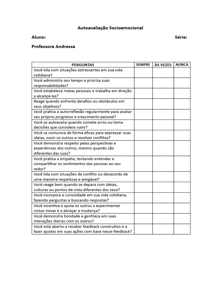 Autoavaliação Socioemocional para Alunos | PDF | Autoajuda | Bem-estar