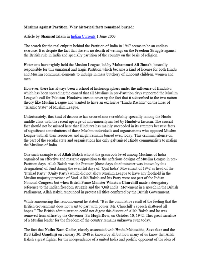 Muslims Against Partition: Allah Baksh's Legacy | PDF | All India ...