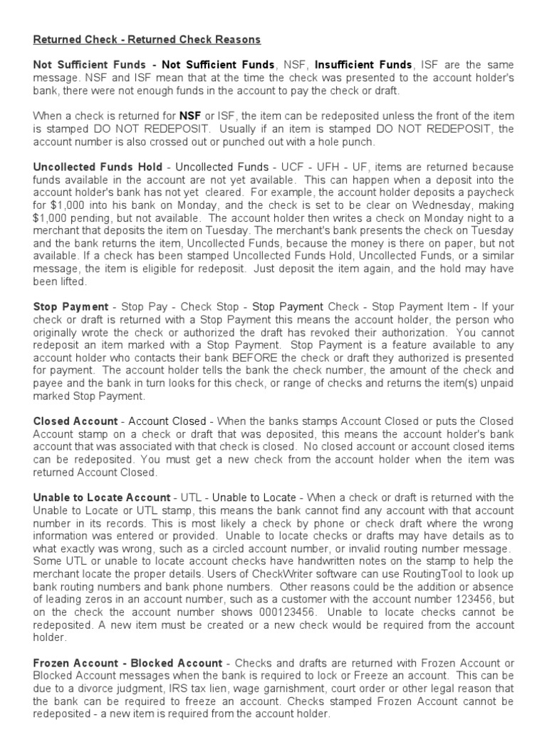 Returned Check | PDF | Cheque | Deposit Account