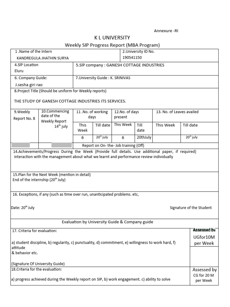 Weekly SIP Progress Report - K L University | PDF | Behavioural ...