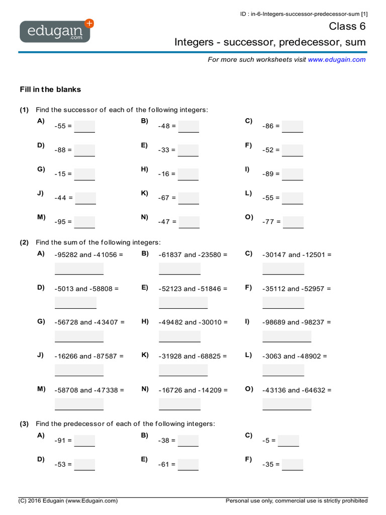Grade 6 Integers Successor Predecessor Sum in PDF