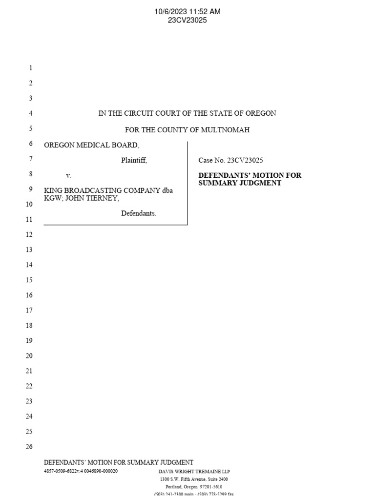KGW's Motion For Summary Judgement PDF Discovery (Law) Lawsuit