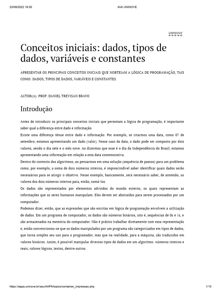 02 Conceitos Iniciais Dados, Tipos de Dados, Varáveis e Constantes | PDF
