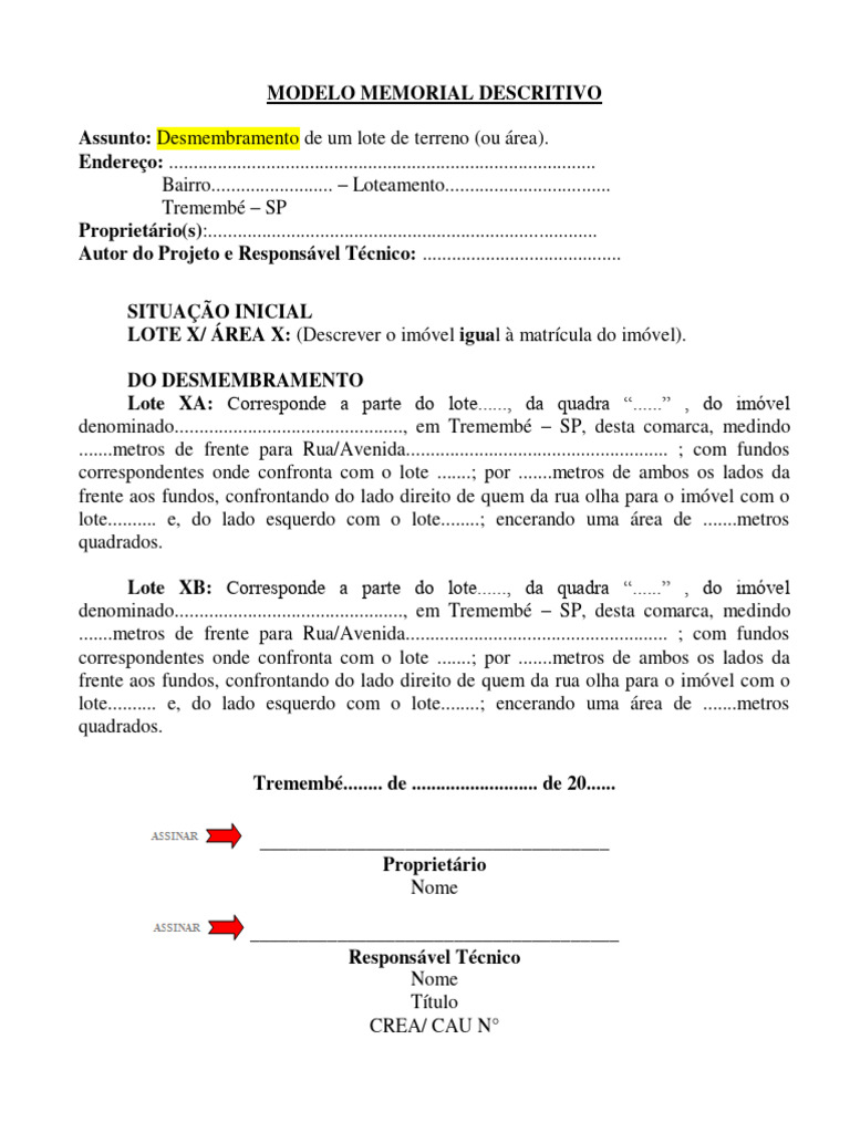 Modelo de Memorial Descritivo para Desmembramento | PDF