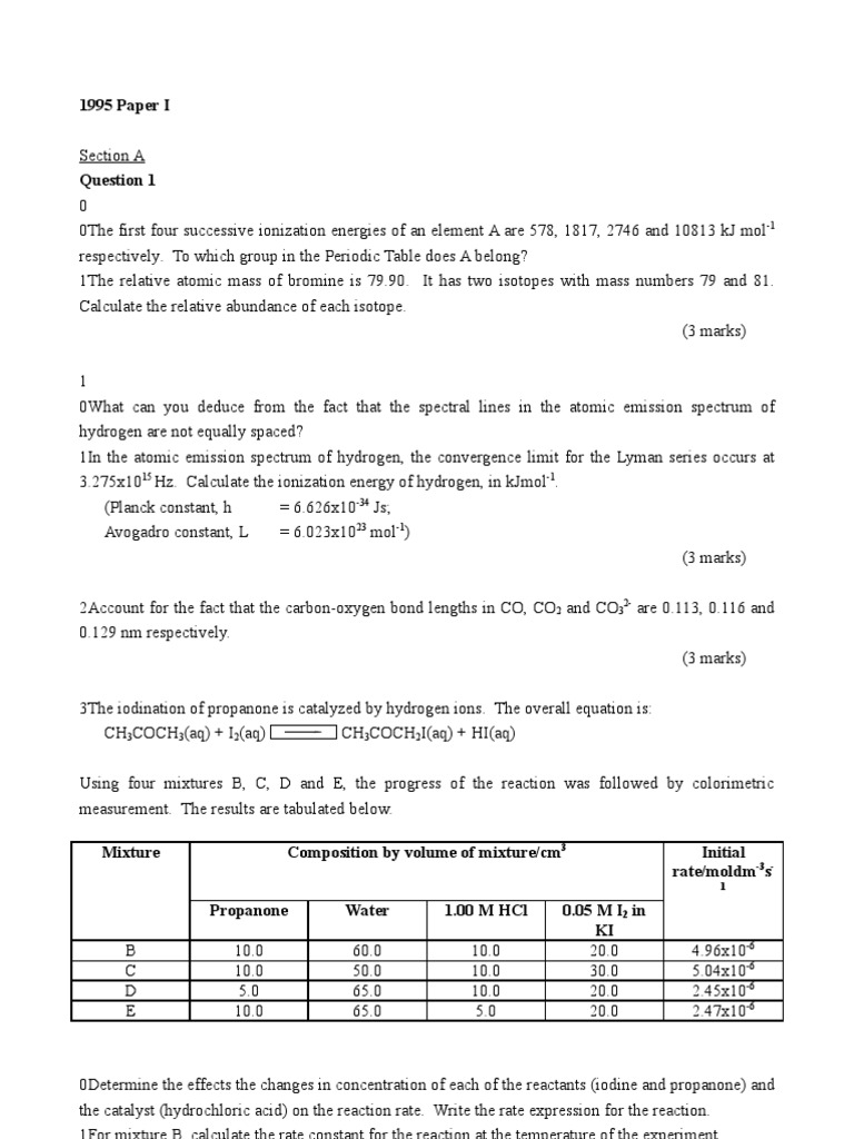 AL Chemistry 1995 Paper 1+2 Titration Chemical Reactions