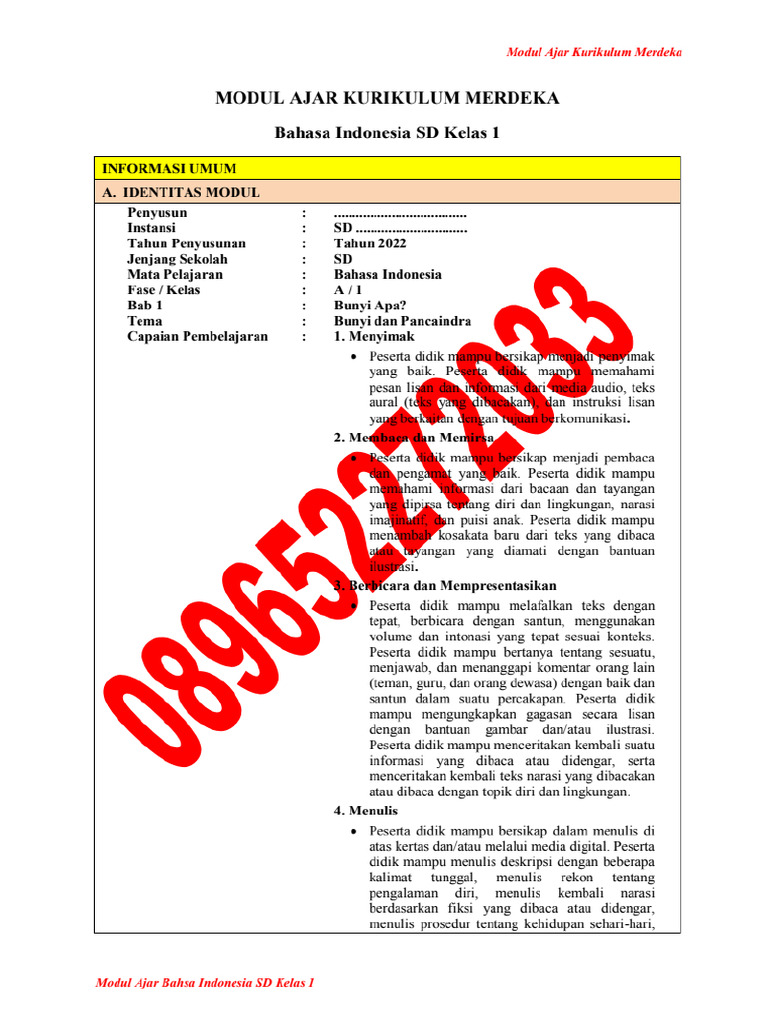 Modul Ajar Bahasa Indonesia Kurikulum Merdeka Kelas 1 SD | PDF