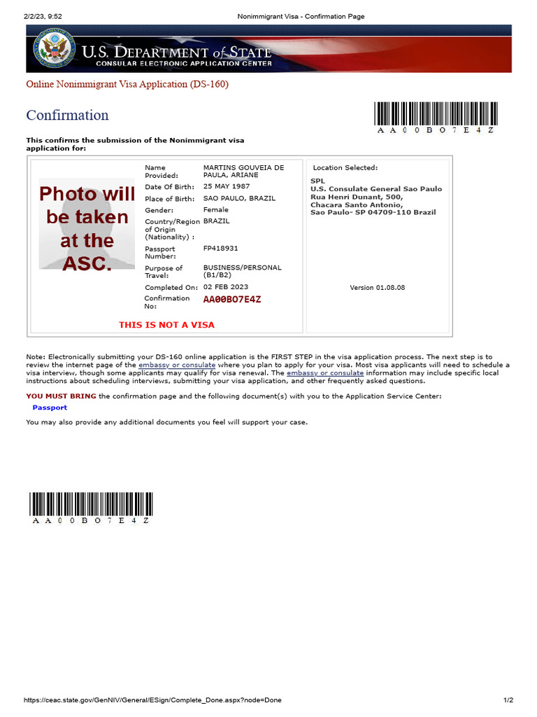 Confirmation online nonimmigrant visa application ds 160 pdf