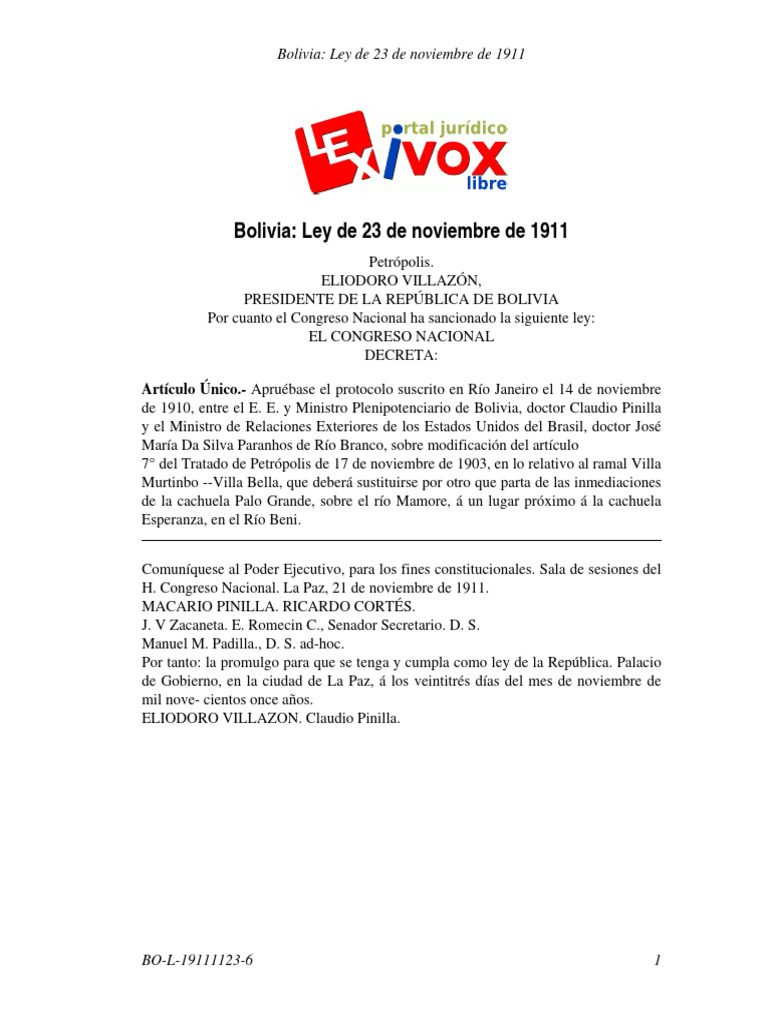 Ley de 23 de Noviembre de 1911 | PDF | Bolivia | América del Sur