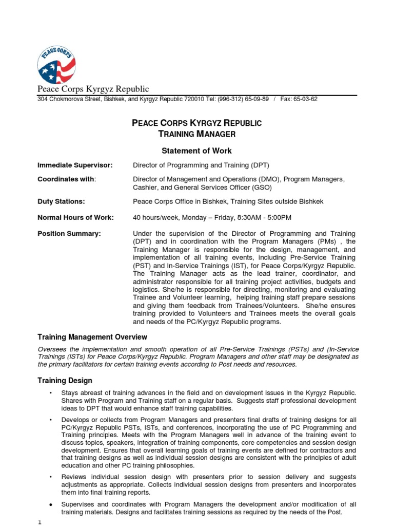 Peace CorpsTraining Manager Statement Work Peace Corps Volunteering