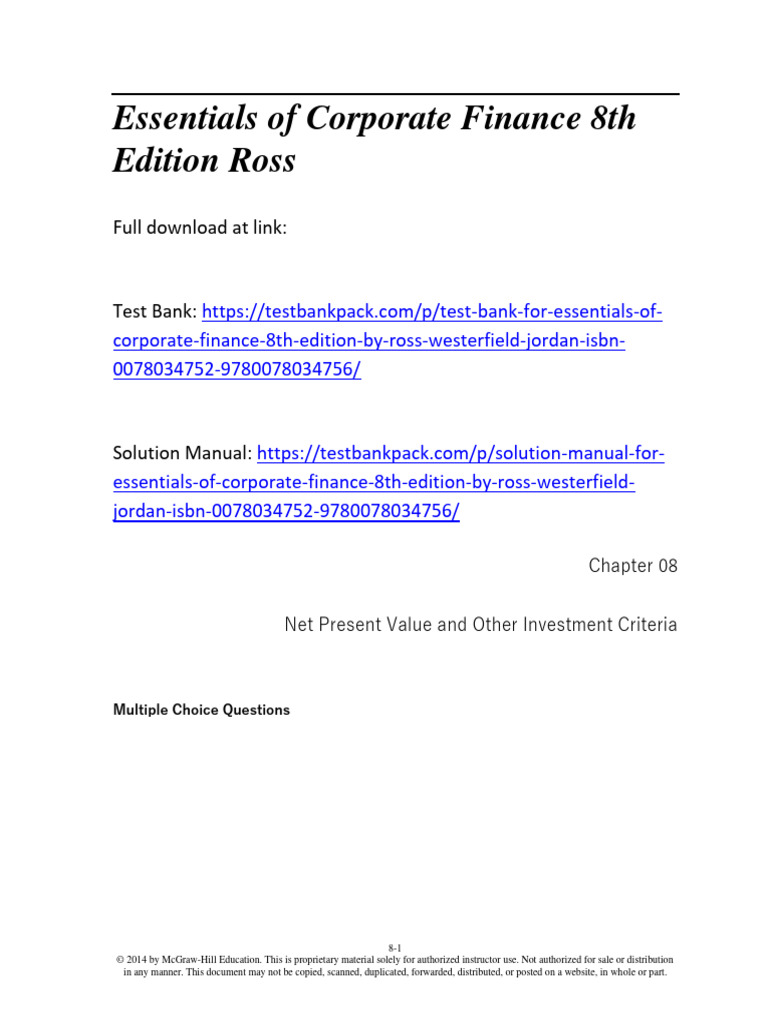 Essentials of Corporate Finance 8th Edition Ross Test Bank 1 PDF