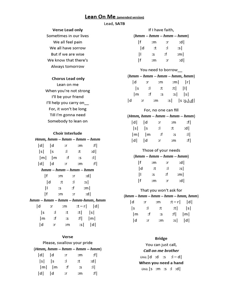 Lean On Me Lyrics (Sol-Fa) | PDF | Vocal Music | Musical Compositions