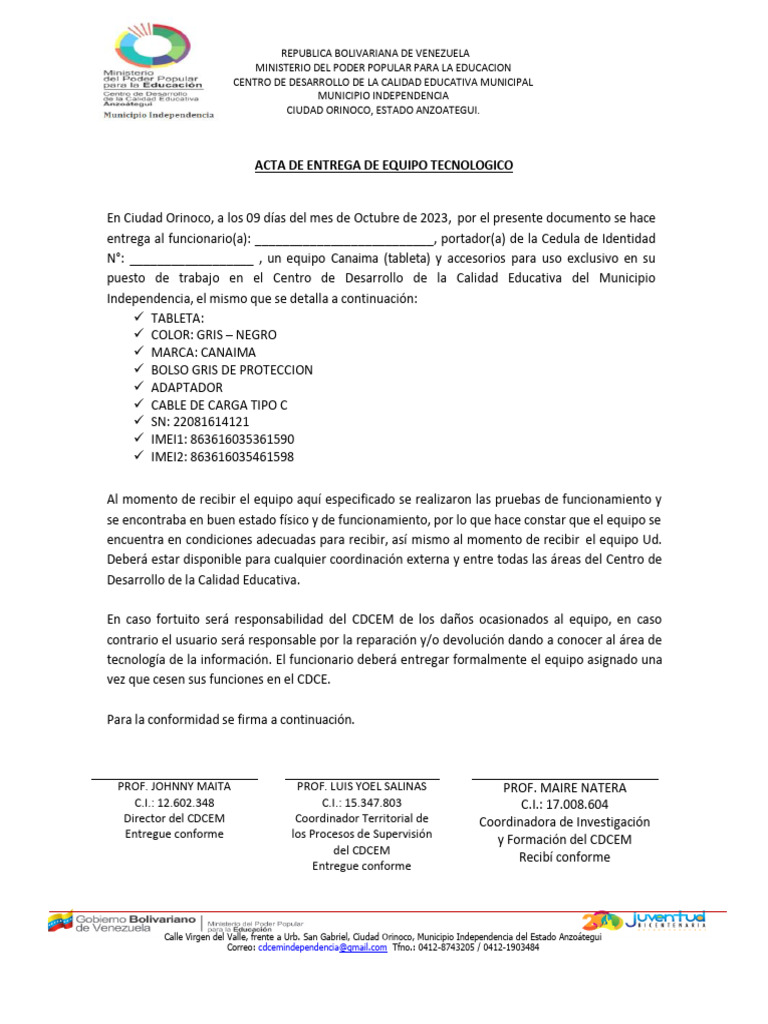 Acta de Entrega de Equipo Tecnológico | PDF