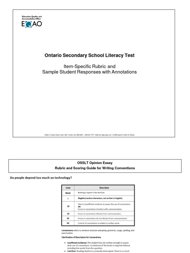 OSSLT Opinion Essay Rubric and Scoring Guide For Writing Conventions | PDF