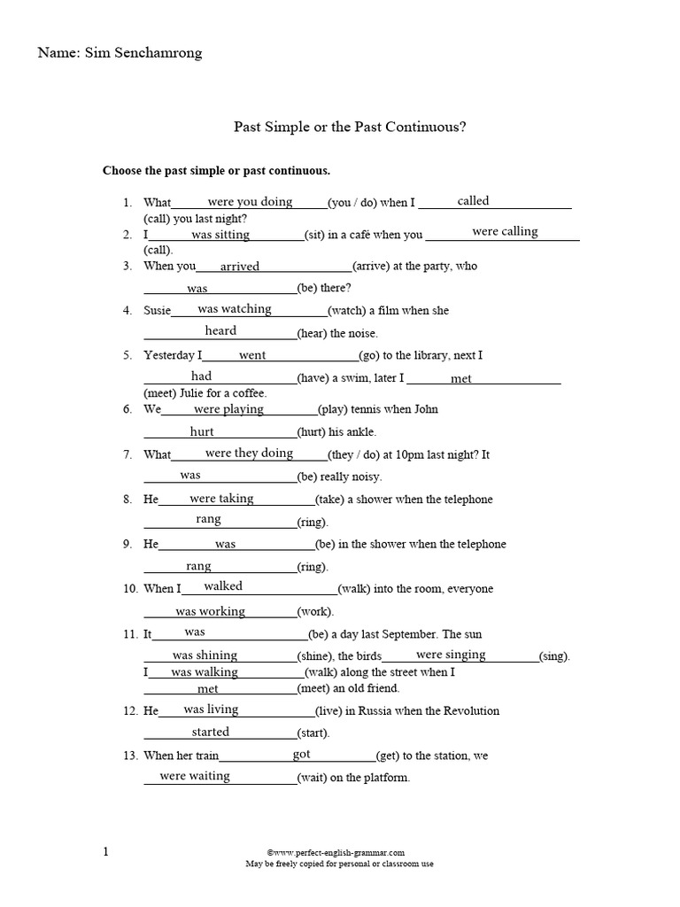 Past Simple or Past Continuous Exercise PDF
