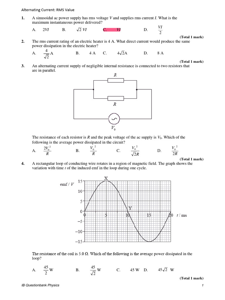 A.C. Current Physics HL Worksheet | PDF