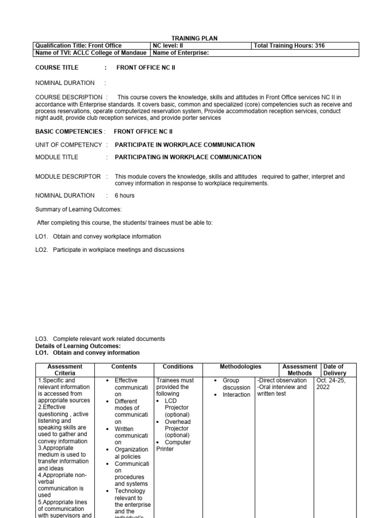 Front Office NC II Training Plan | PDF | Career & Growth | Art
