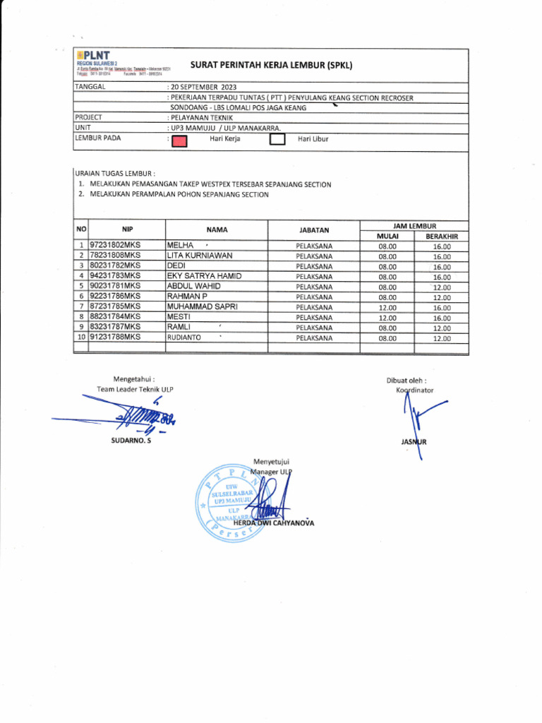 Surat Perintah Kerja Lembur SPKL | PDF