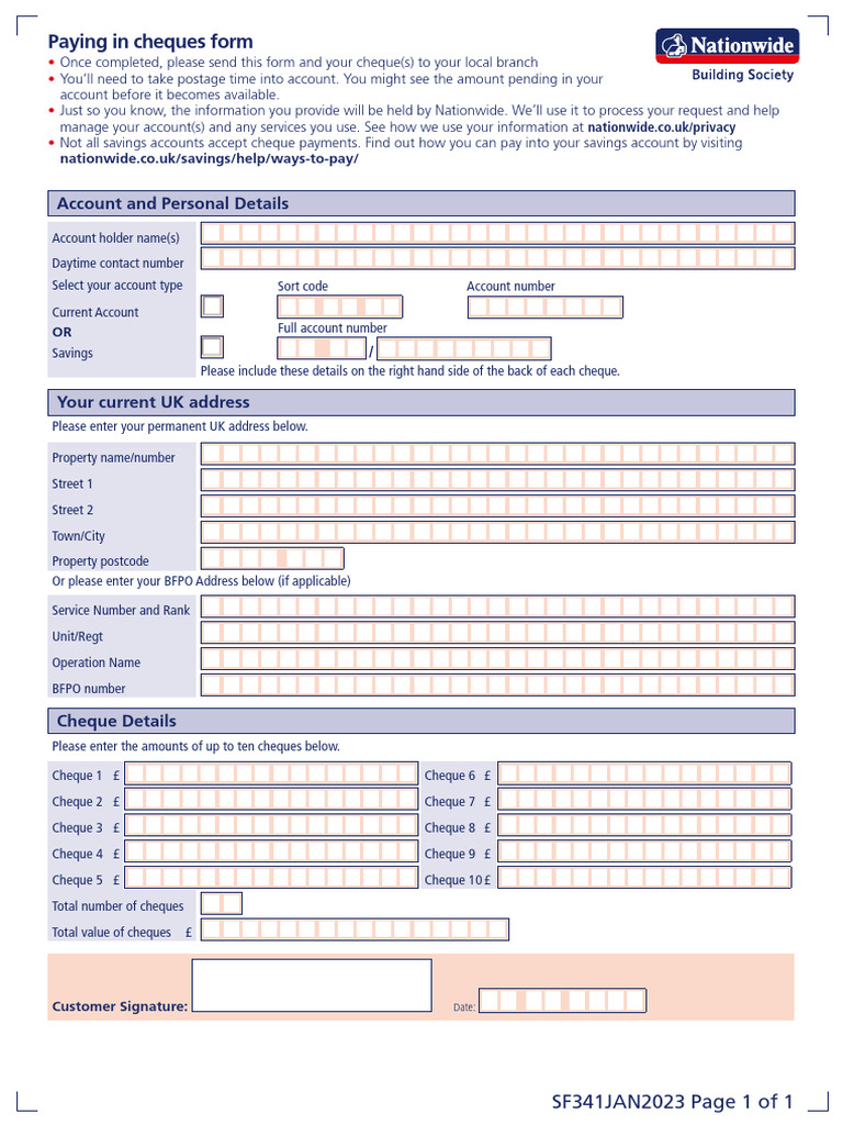 sf341 Paying in Cheques Form | PDF