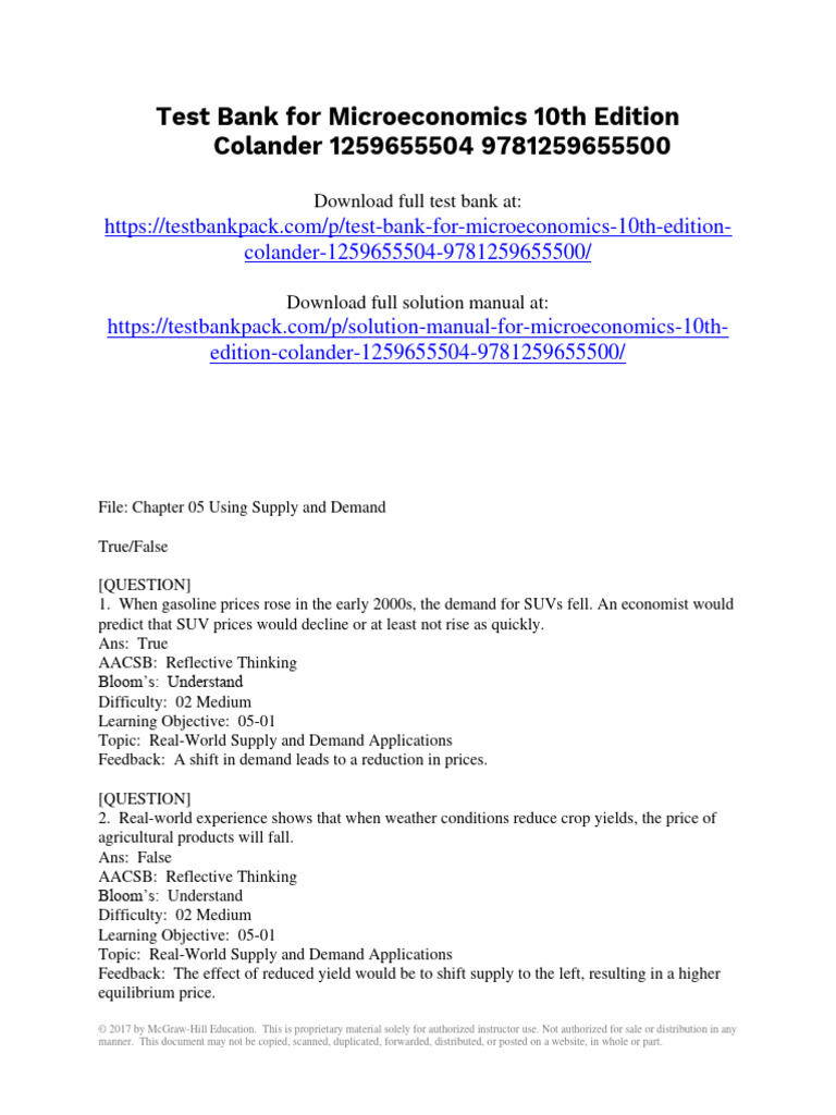 Microeconomics 10th Edition Colander Test Bank 1 PDF